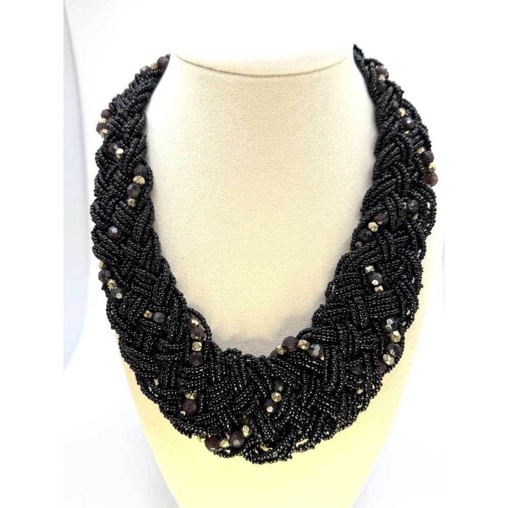 Black Seed Bead Collar Necklace Bib Statement Gold Tone Faceted Beads